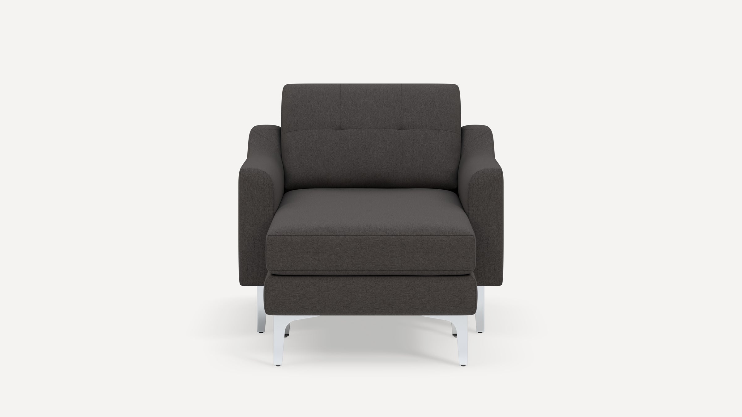 Modern dark gray fabric armchair with tufted backrest and metal legs, shown from the front on a plain background.