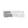 Modular sectional sofa with light gray fabric on left section and white fabric on remaining sections, featuring rounded arms and wooden legs.