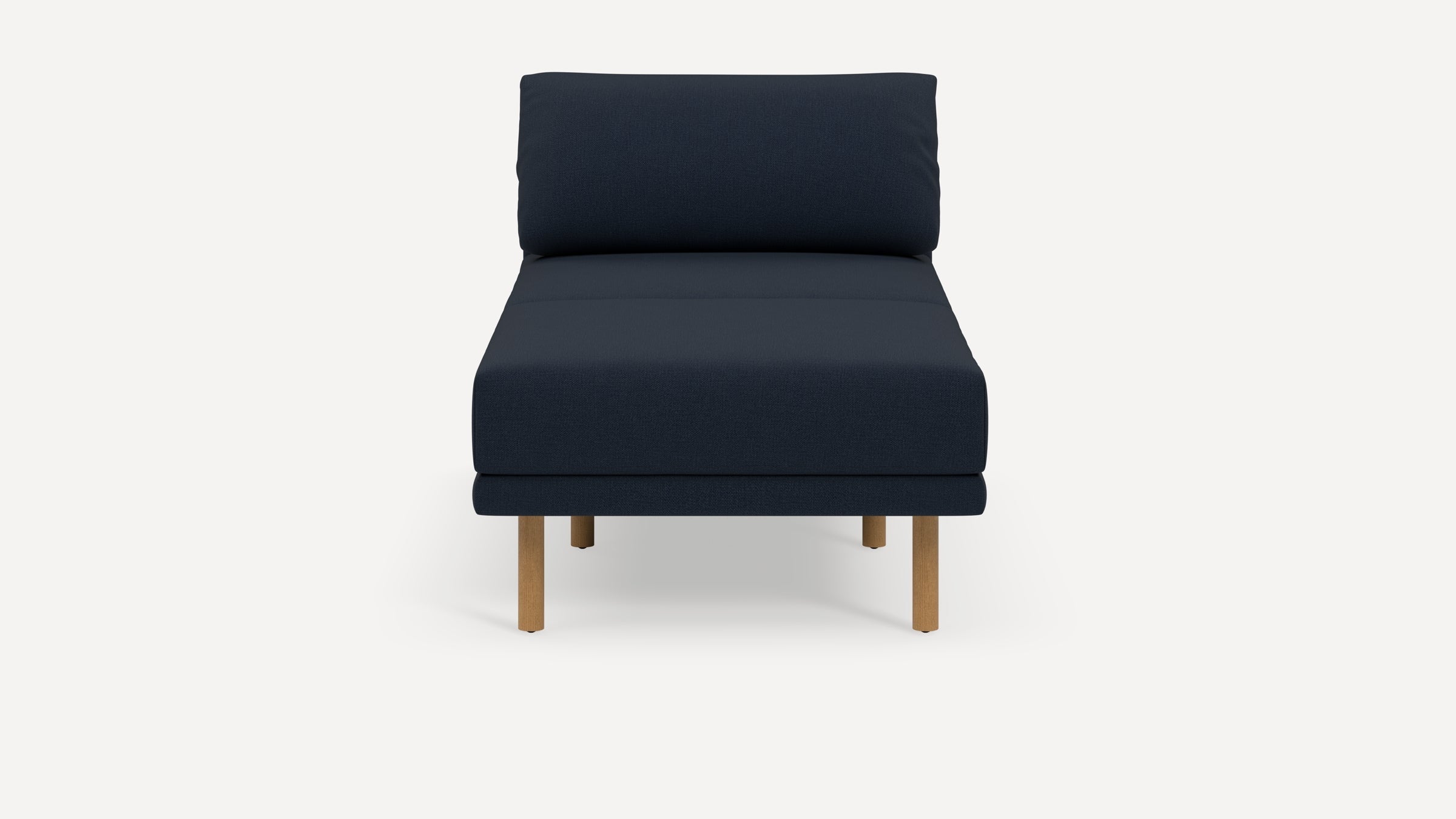 Front view of a modern navy blue cushioned chair with wooden legs against a plain white background.