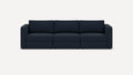 Modern navy blue fabric three-seater sofa with clean lines, boxy arms, and plush back cushions, set against a plain white background.
