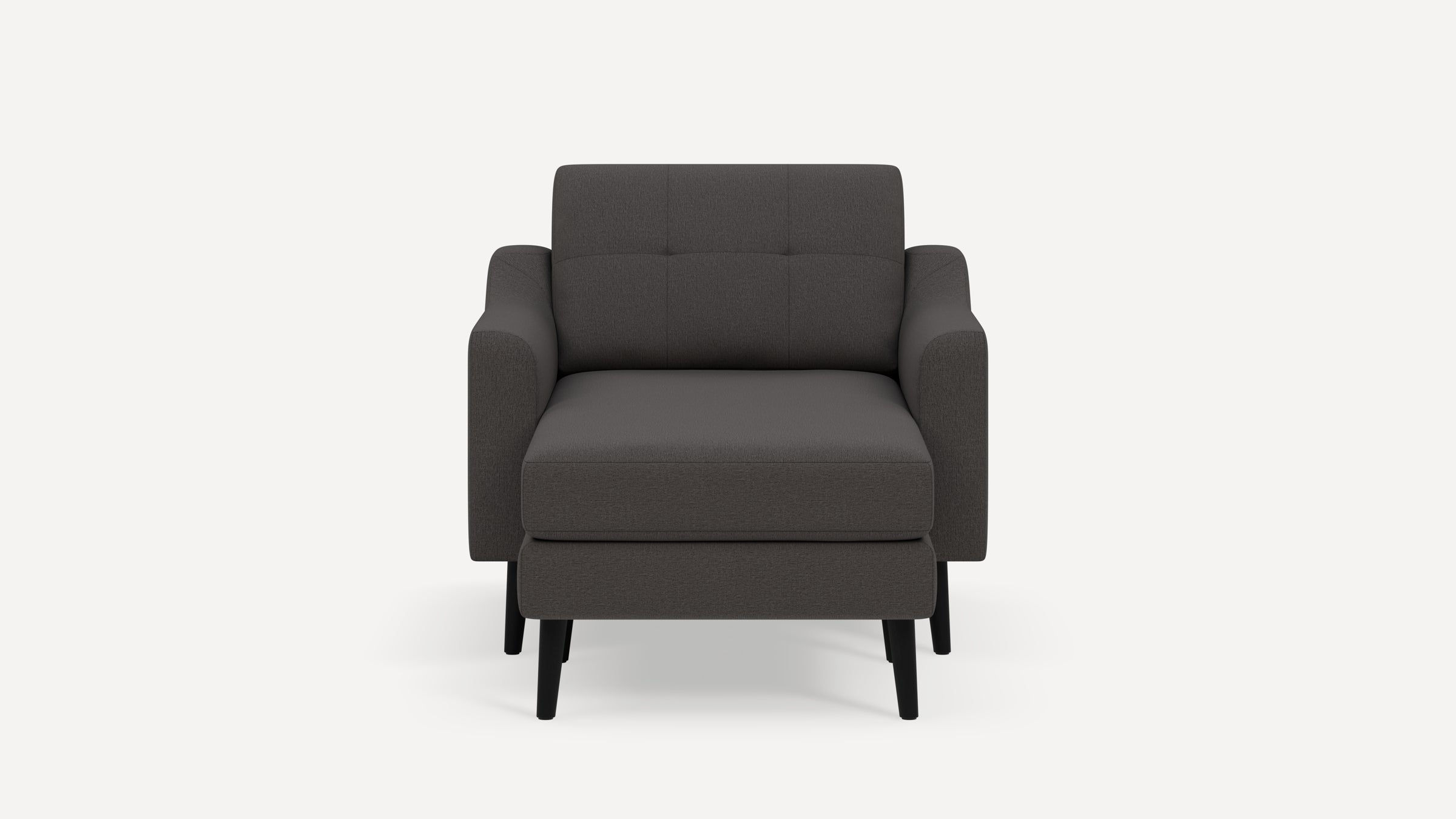 Front view of a modern dark gray upholstered armchair with padded armrests and black wooden legs against a plain white background.