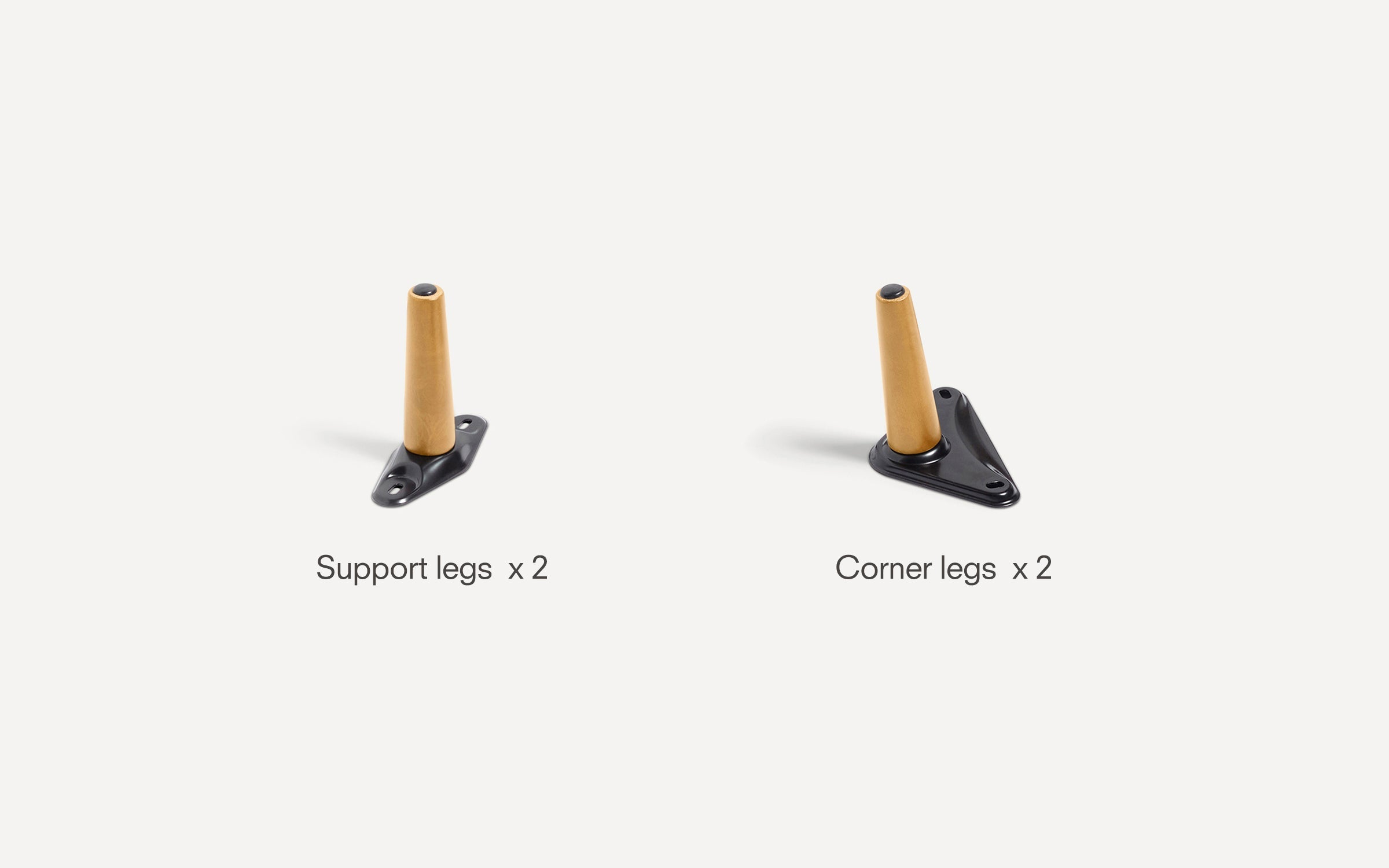 Two types of wooden furniture legs with black metal bases: two support legs on the left and two corner legs on the right.