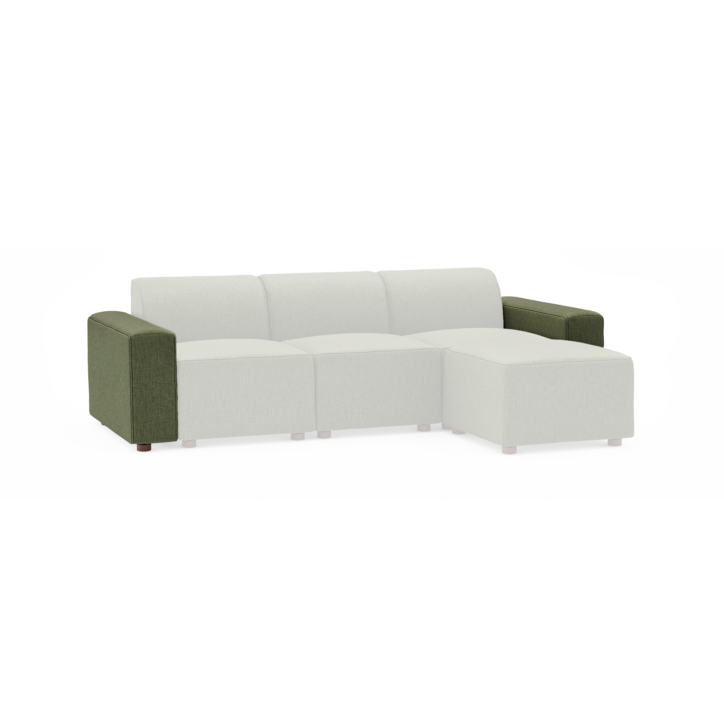 Green fabric armrest pieces for a modular sectional sofa displayed on a white background.