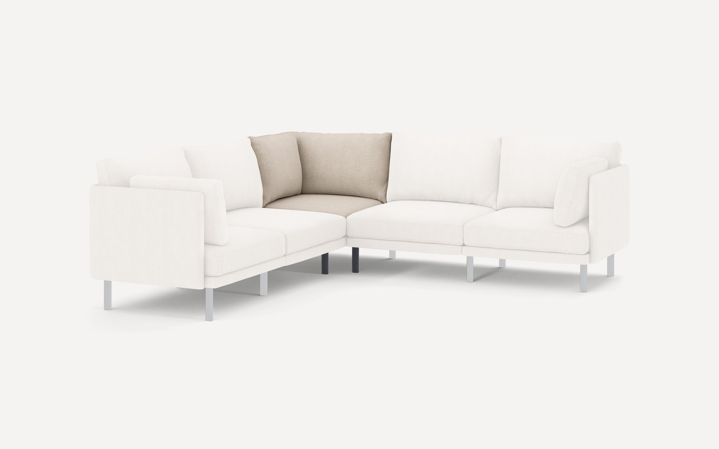 Modern L-shaped sectional sofa with white upholstery, metal legs, and contrasting beige corner cushions.