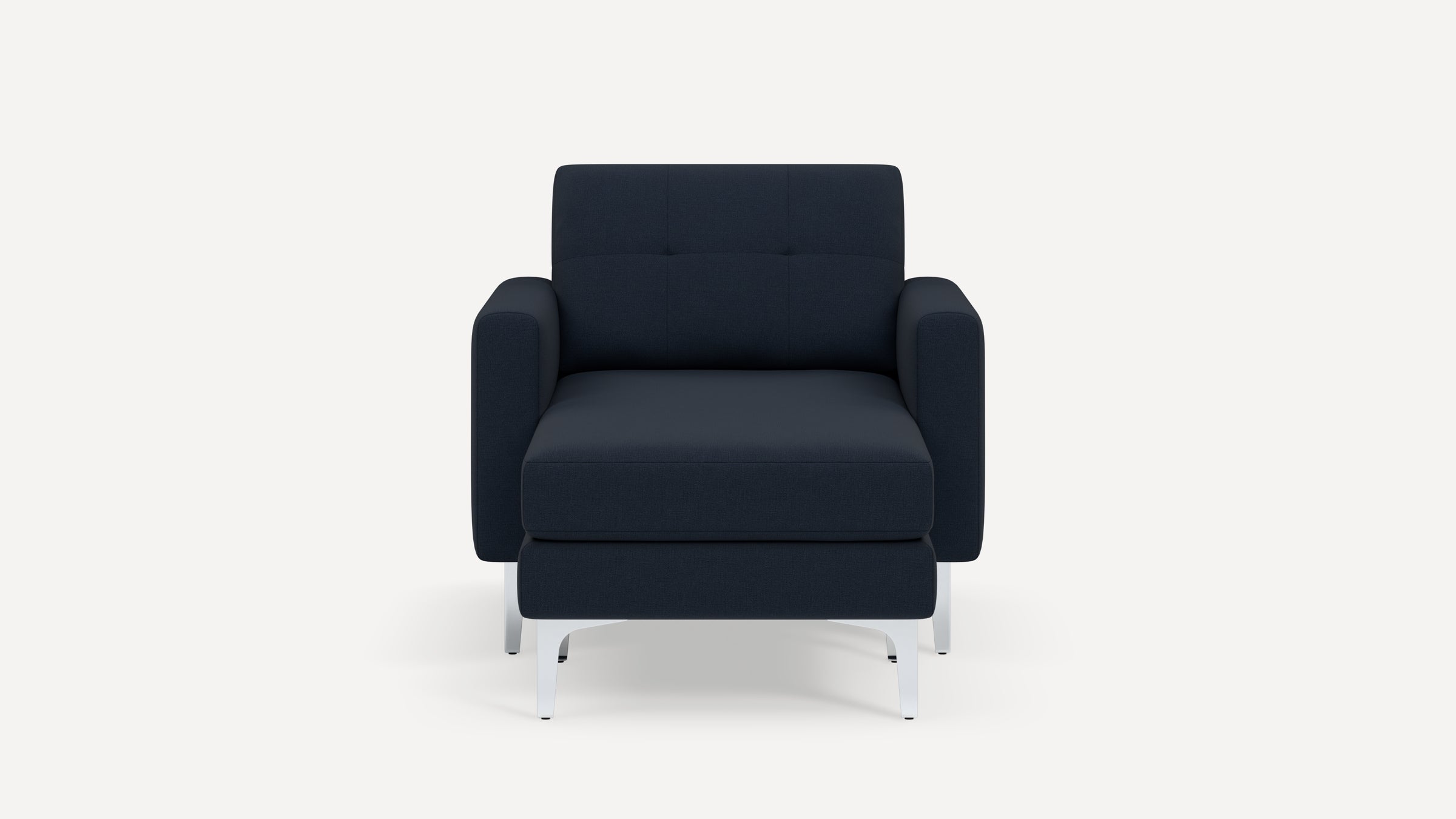 Front view of a modern navy blue armchair with metal legs and a cushioned seat and backrest.
