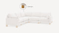 L-shaped beige sectional sofa with wooden block legs, featuring a highlighted corner leg detail.