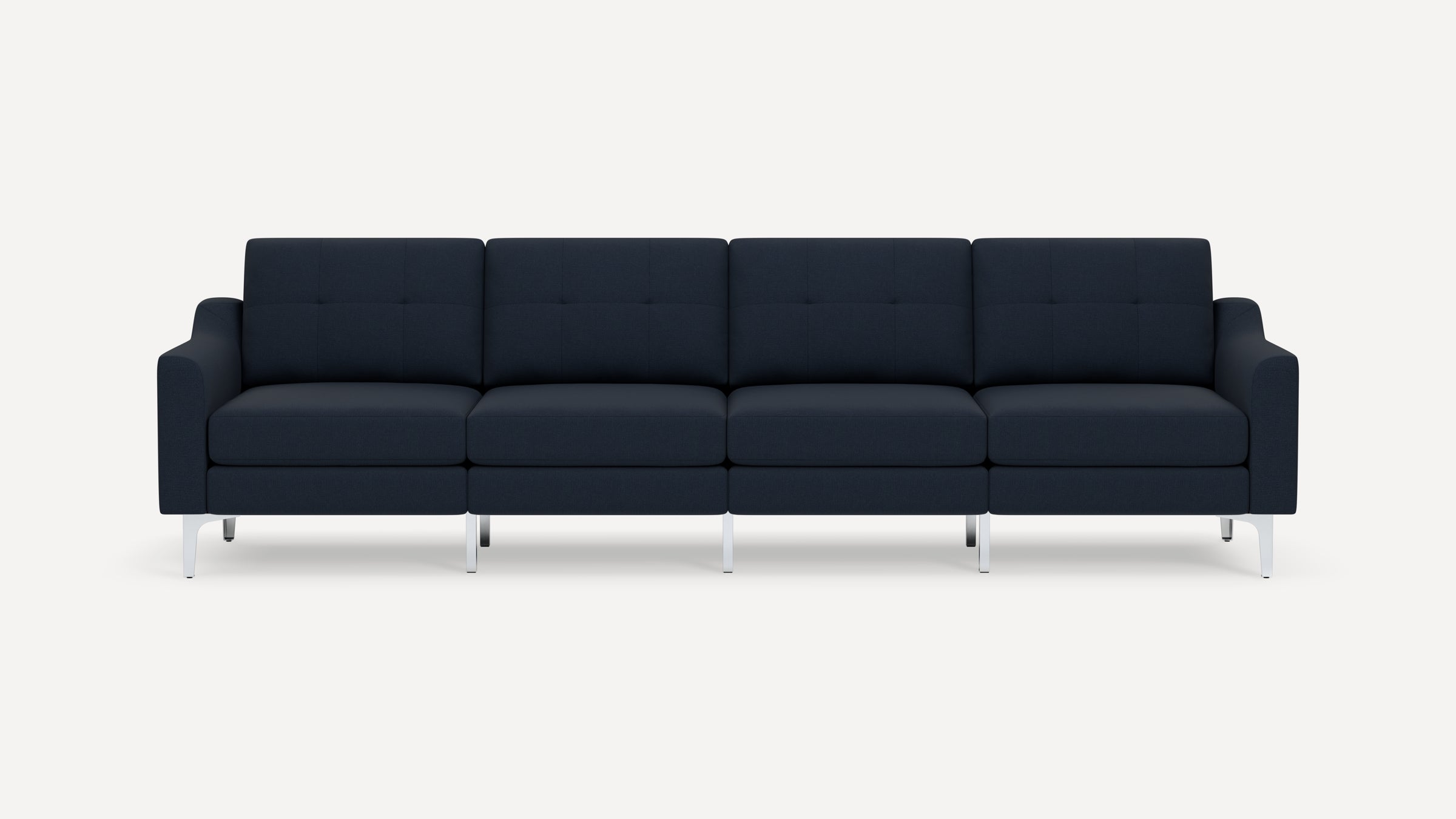 Modern four-seater navy blue sofa with cushioned seats and backs, square armrests, and sleek metal legs on white background.