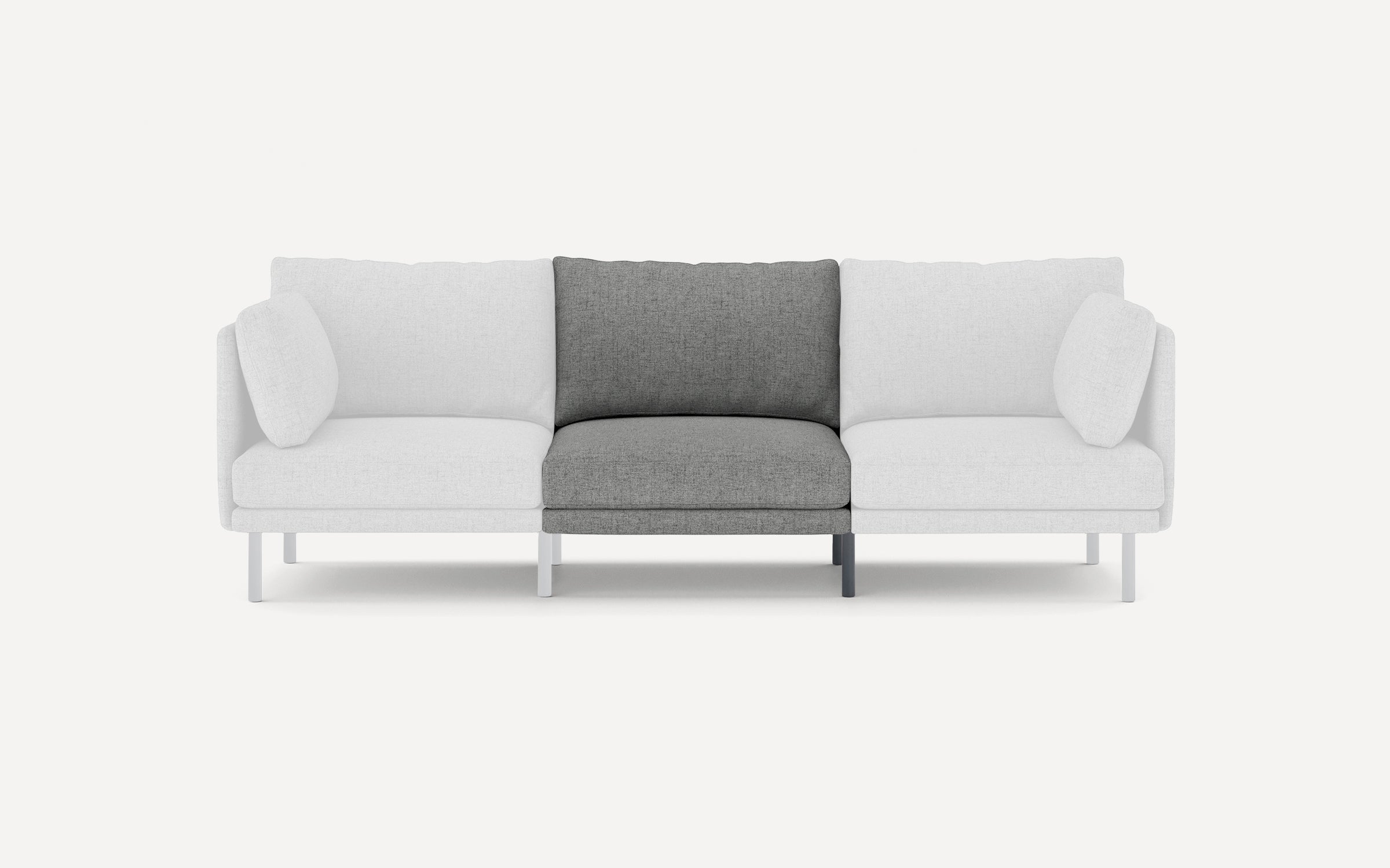 Modern three-seat sofa with light grey cushions on the sides and a darker grey cushion in the center, supported by slim legs.