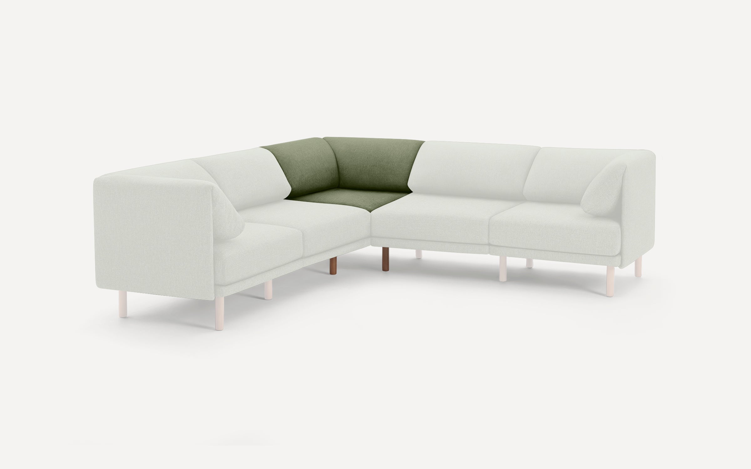 Modern L-shaped sectional sofa with light gray upholstery and a contrasting olive green corner cushion, supported by slender light wooden legs.
