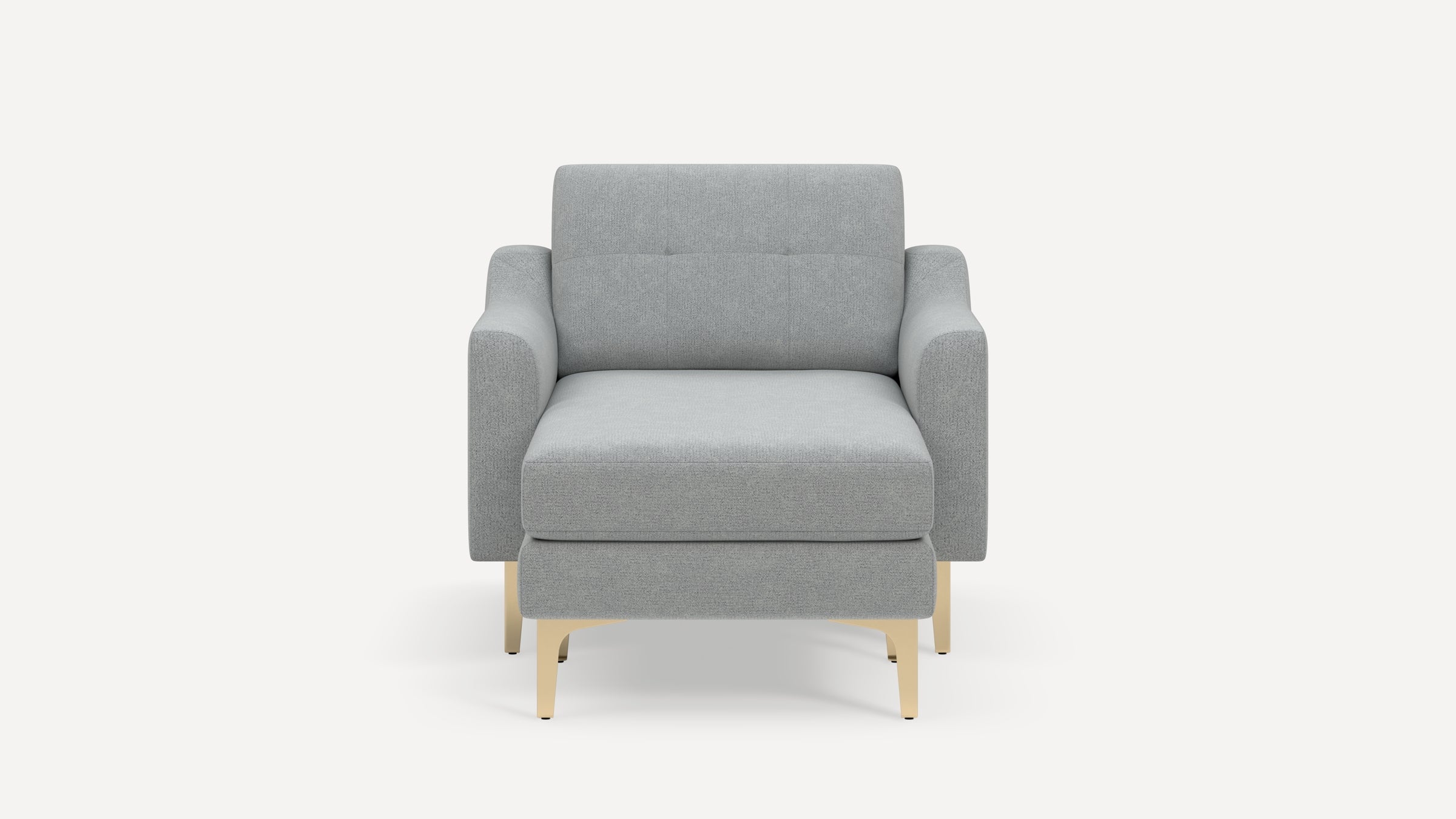 Front view of a modern light gray upholstered armchair with wooden legs against a plain white background.