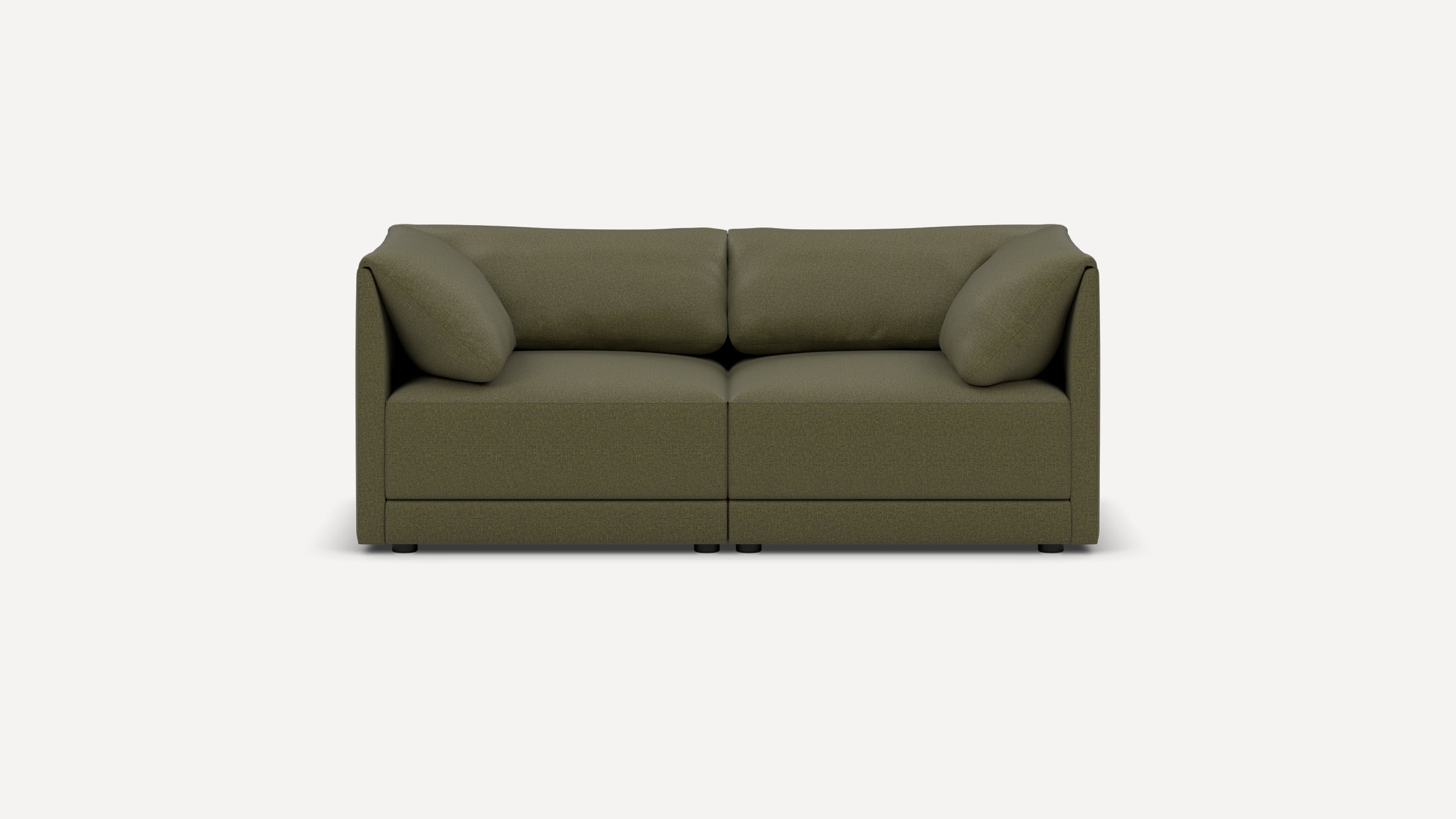 Front view of a modern, olive green two-seater sofa with wide armrests and plush cushions on a plain white background.