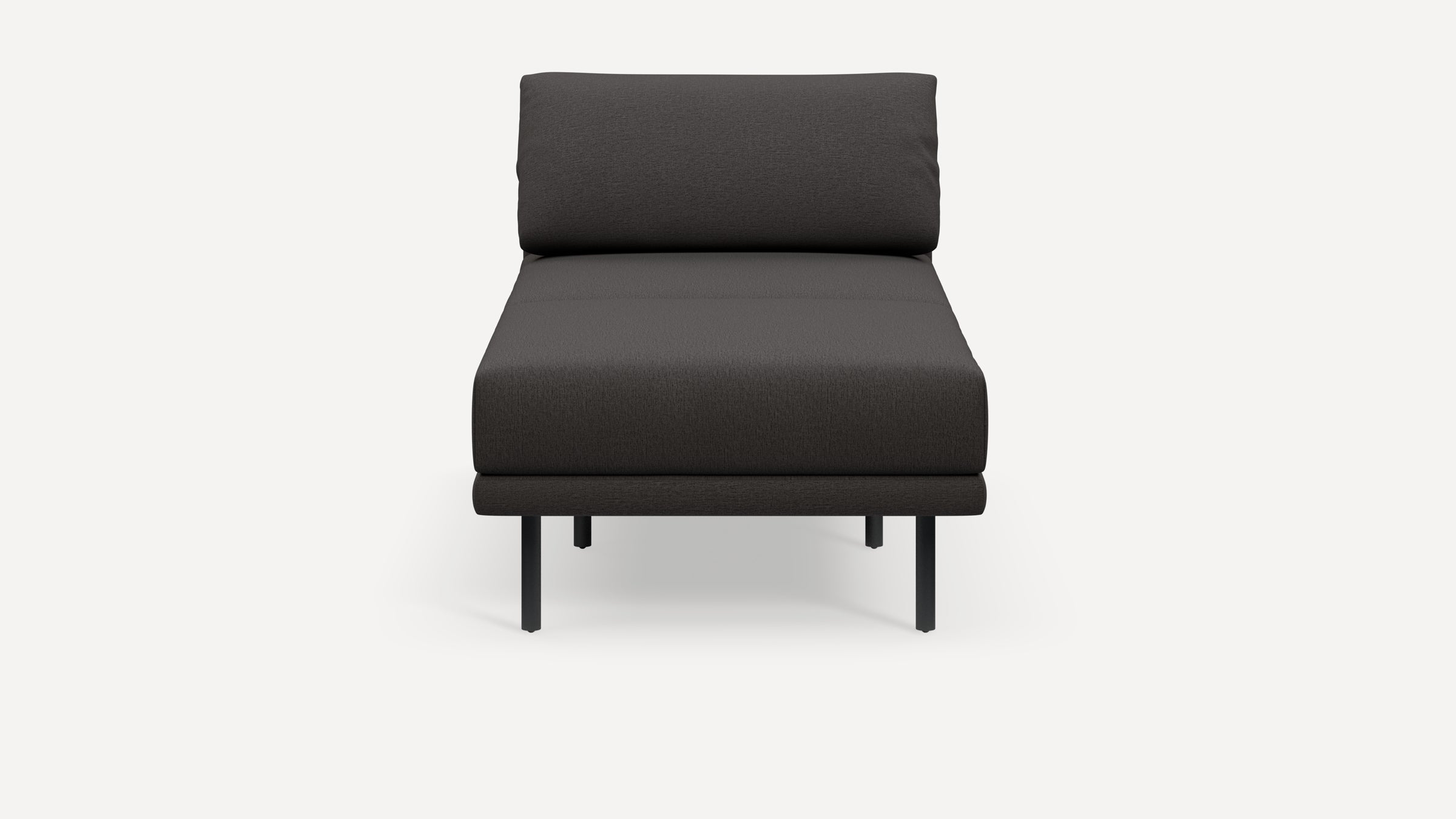 Modern minimalist dark gray chaise lounge with cushioned backrest and slim black metal legs, shown against white background.