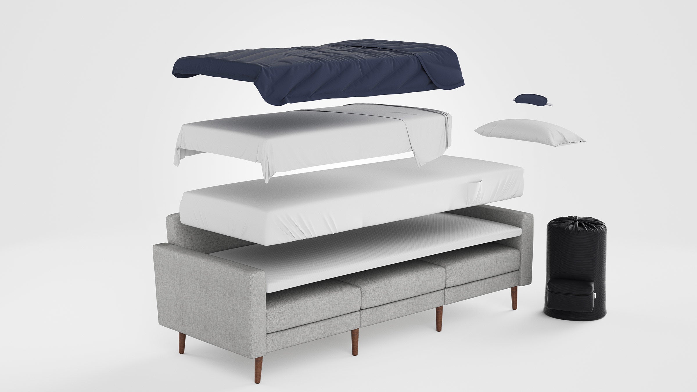 Exploded view of a gray fabric sofa bed with separate cushions, mattress layers, pillow, blanket, and black storage bag.