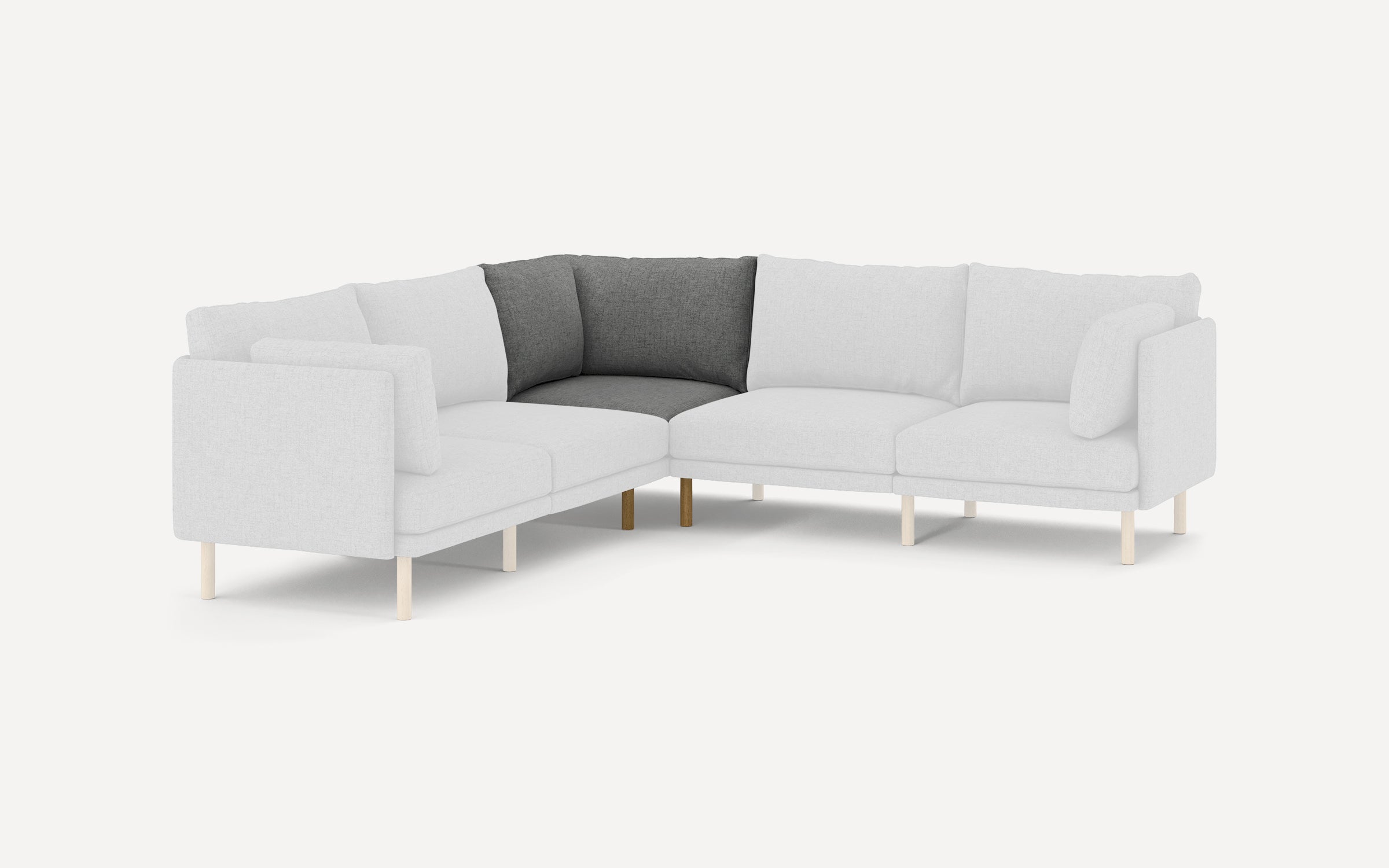 Modern L-shaped sectional sofa with light gray fabric upholstery and contrasting dark gray corner cushions, supported by slim wooden legs.