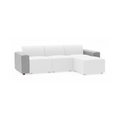 Modern sectional sofa with three seat cushions and a chaise lounge on the right, featuring gray armrests on both sides.