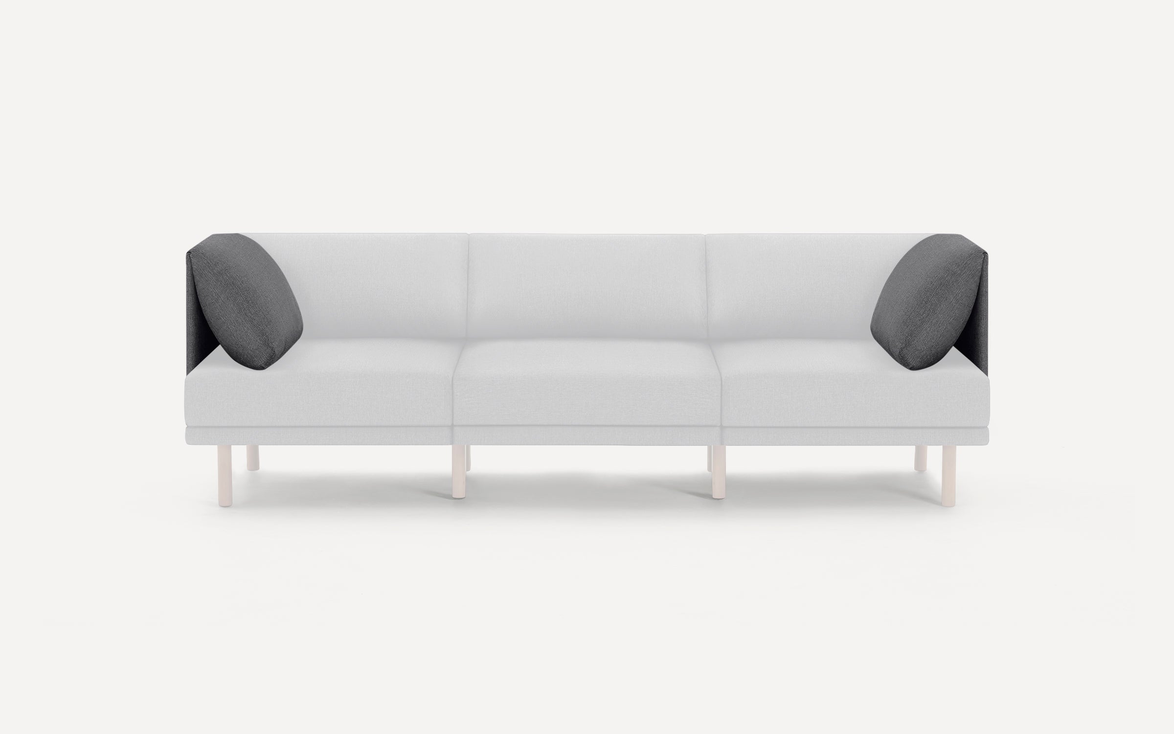 Modern light gray three-seater sofa with clean lines, five light wooden legs, and two dark gray pillows on each end.