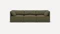 Modern three-seater modular sofa in olive green fabric with plush cushions and clean, straight lines on black legs.