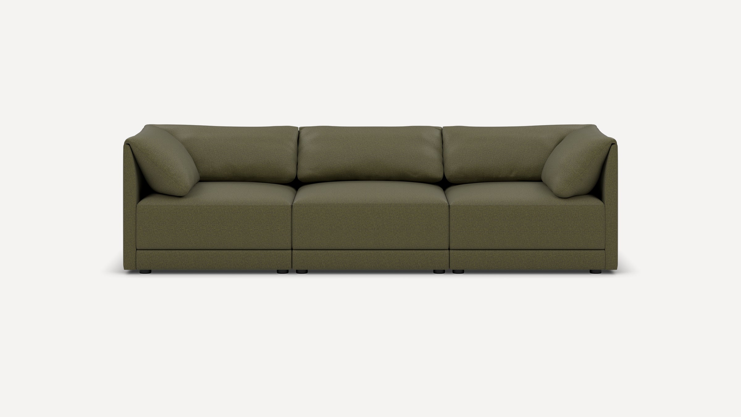 Modern three-seater modular sofa in olive green fabric with plush cushions and clean, straight lines on black legs.