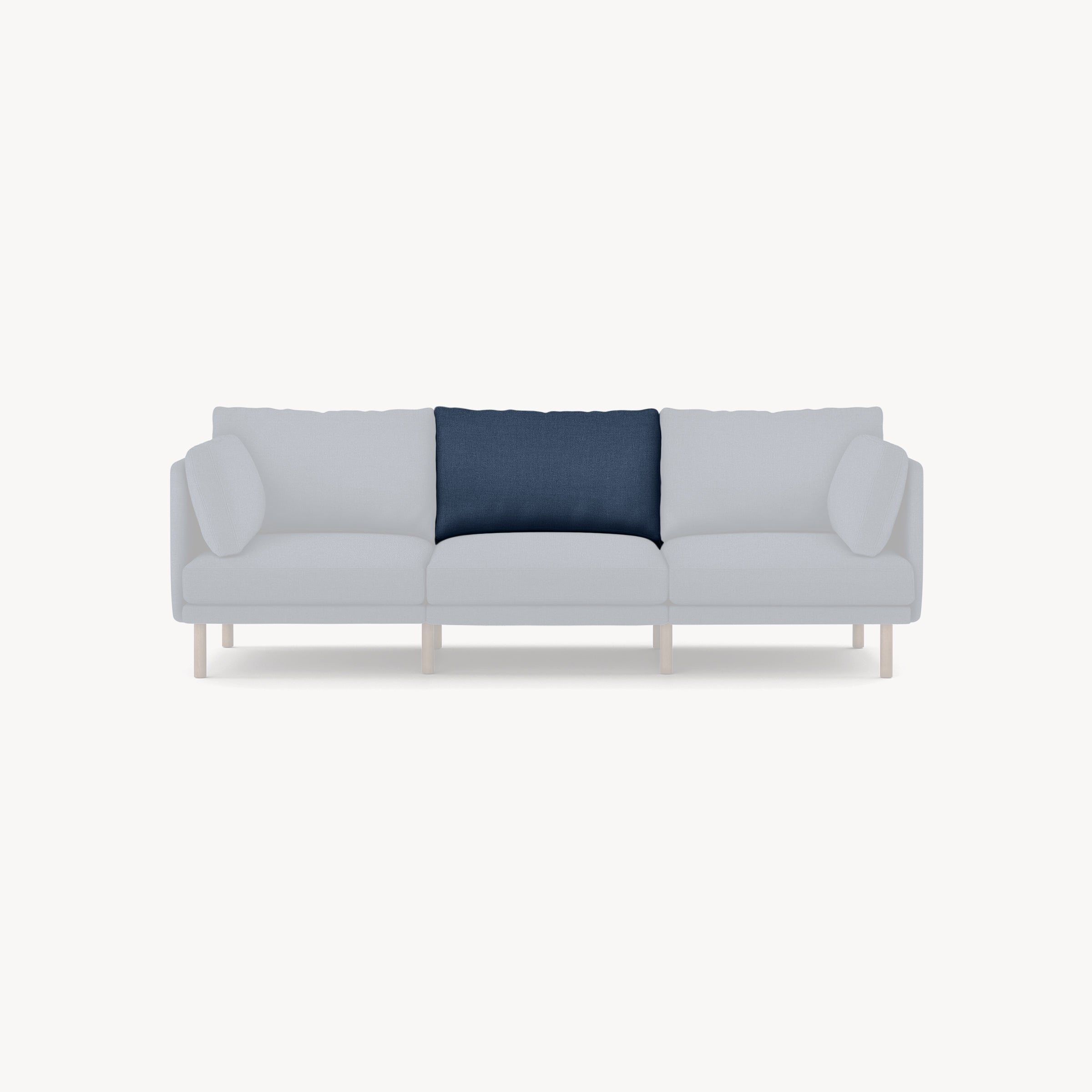 Modern three-seater sofa with light gray upholstery, wooden legs, and a contrasting dark blue center cushion.