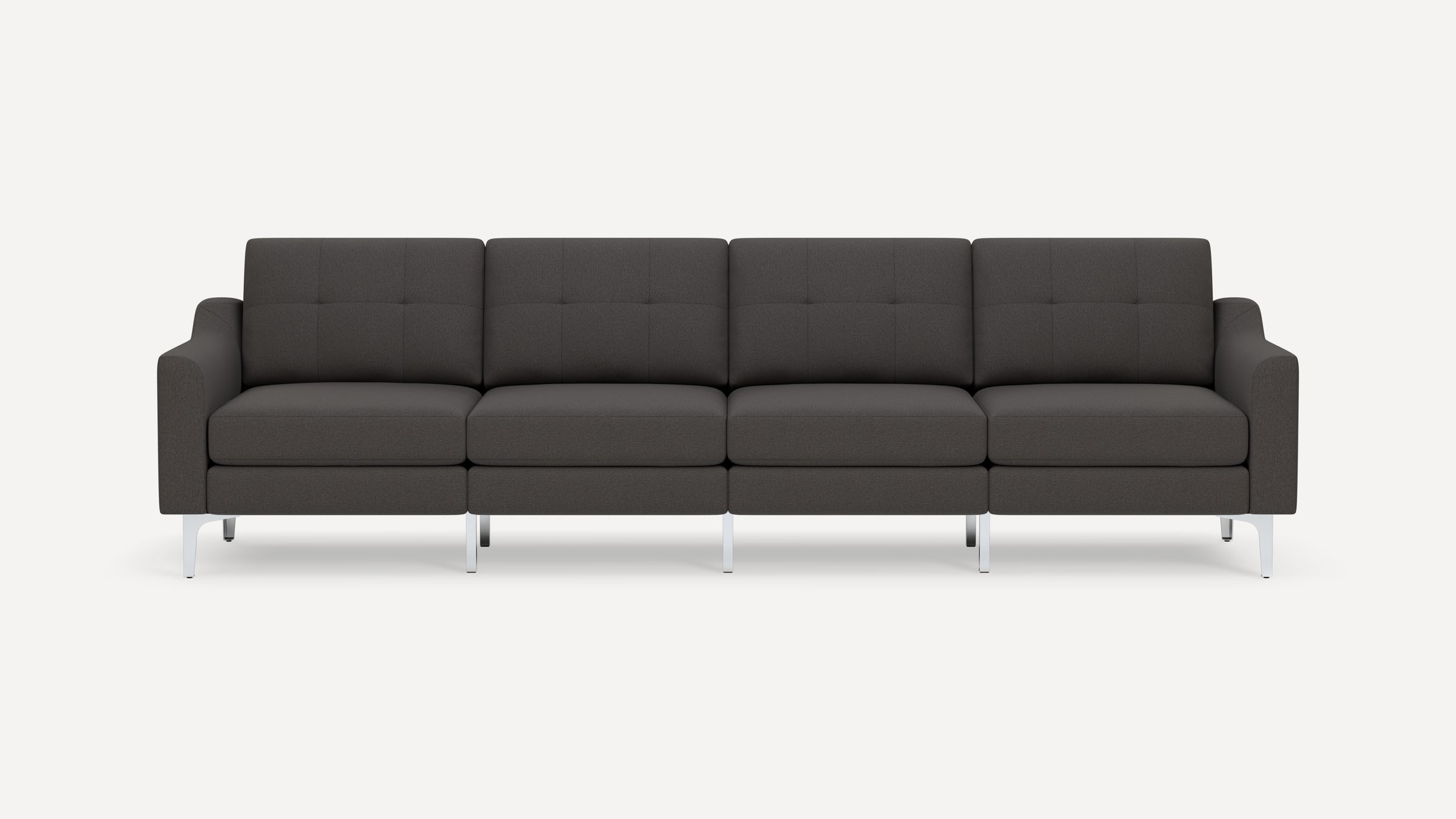 Modern four-seater dark gray fabric sofa with square tufted back cushions and sleek silver metal legs.
