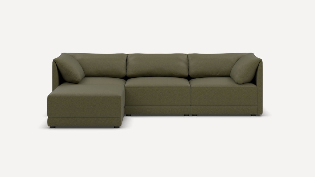 Modern olive green sectional sofa with chaise on left side, clean lines, and plush back cushions on a plain white background.