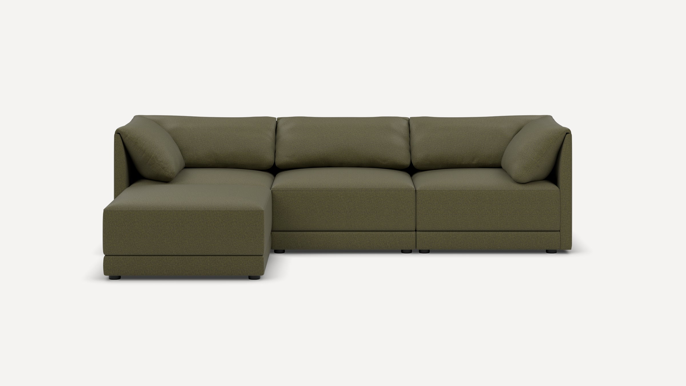 Modern olive green sectional sofa with chaise on left side, clean lines, and plush back cushions on a plain white background.