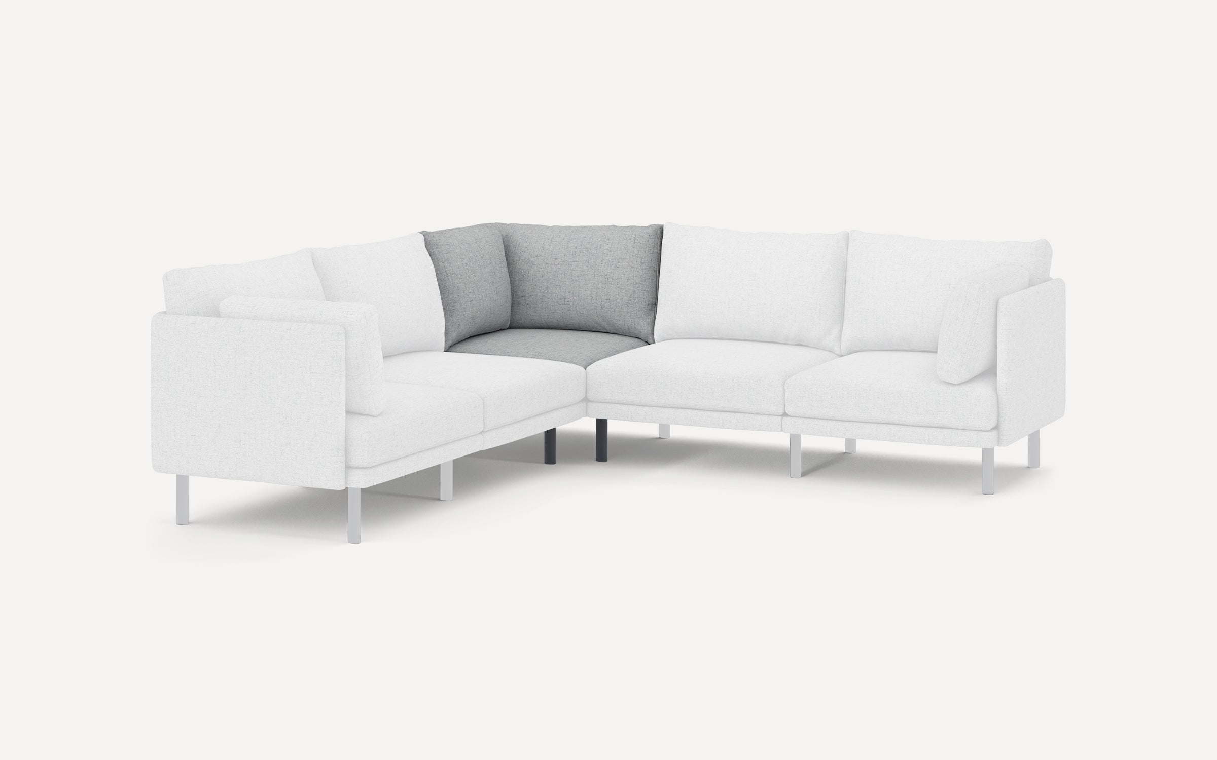 Modern L-shaped sectional sofa with clean lines, light fabric upholstery, and contrasting darker corner cushions.