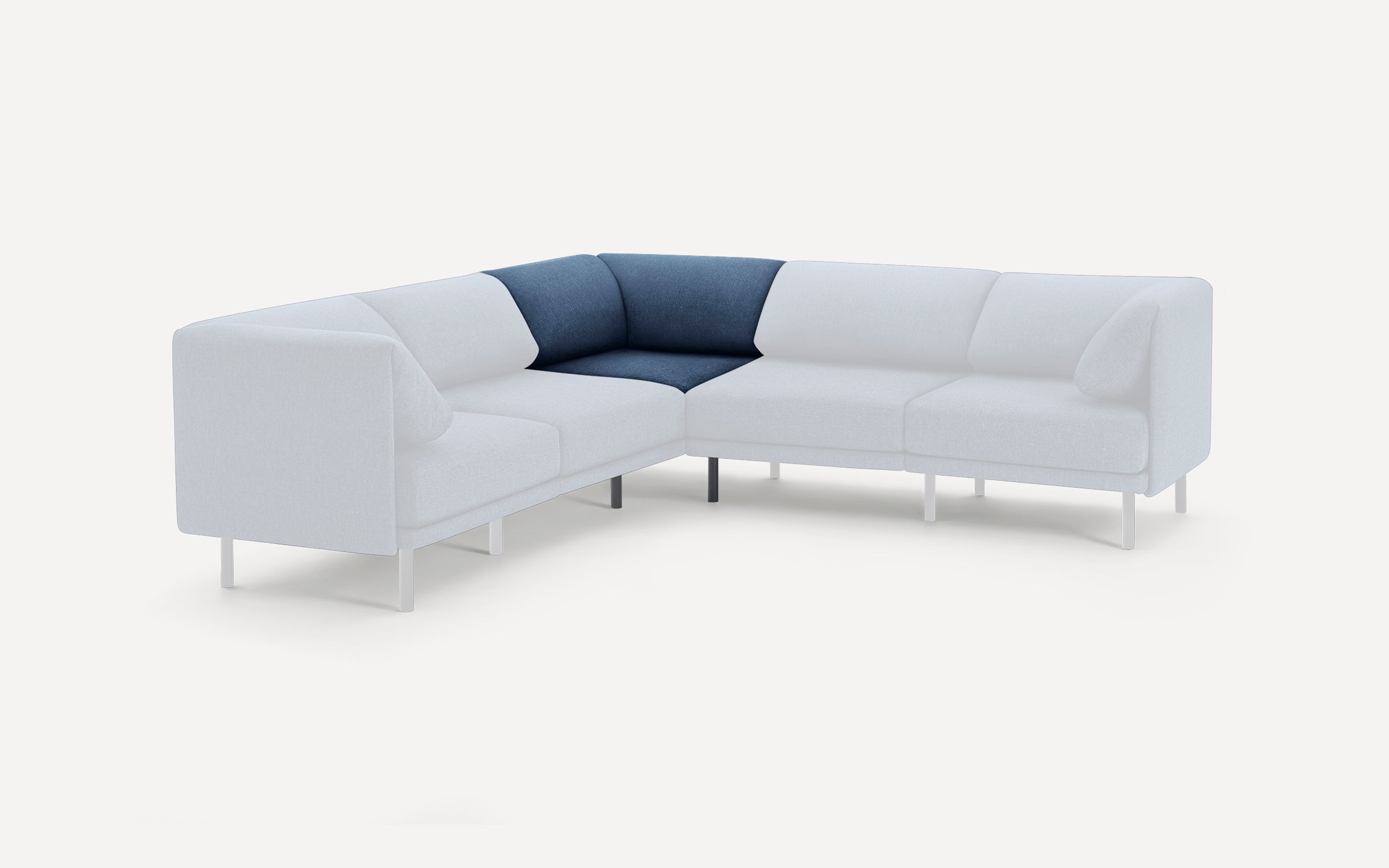 Modern L-shaped sectional sofa with light grey upholstery and a dark blue corner cushion, supported by slim white metal legs.