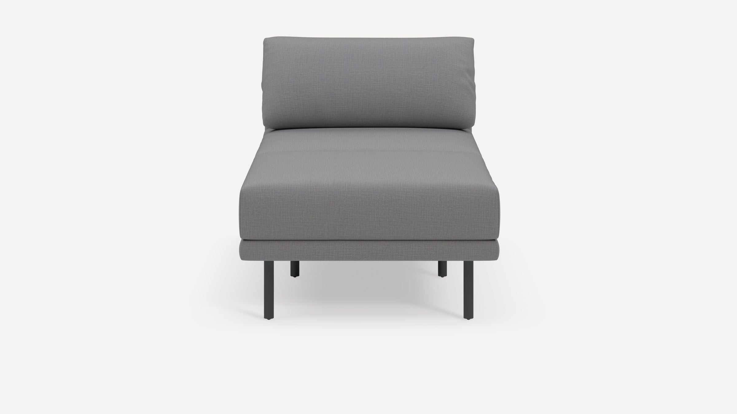Front view of a modern, gray fabric upholstered armless chair with black metal legs on a white background.