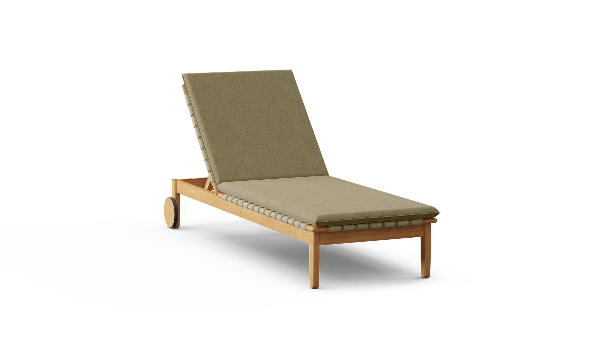 Wooden outdoor lounge chair with olive green cushion and adjustable backrest on white background.