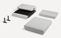 Light gray fabric chair cushions and two black metal leg brackets displayed on a white background.