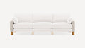 Modern three-seater sofa with light beige fabric upholstery, wooden legs, and matching cylindrical pillows on each armrest.