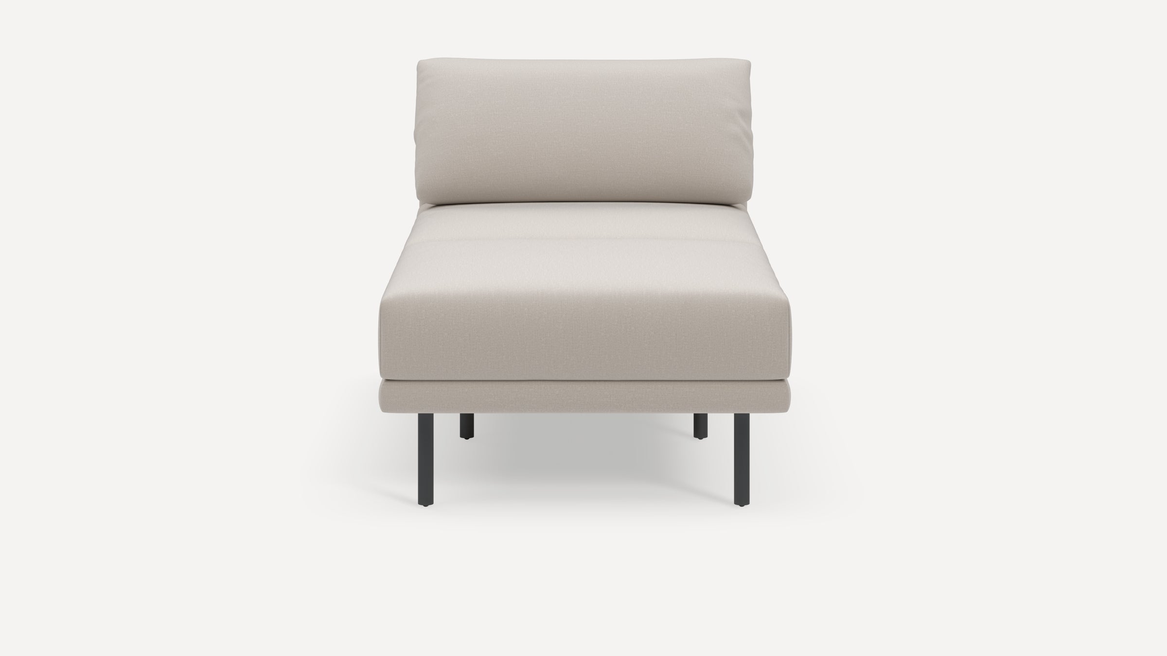 Front view of a modern beige upholstered chaise lounge with a cushioned backrest and black metal legs.