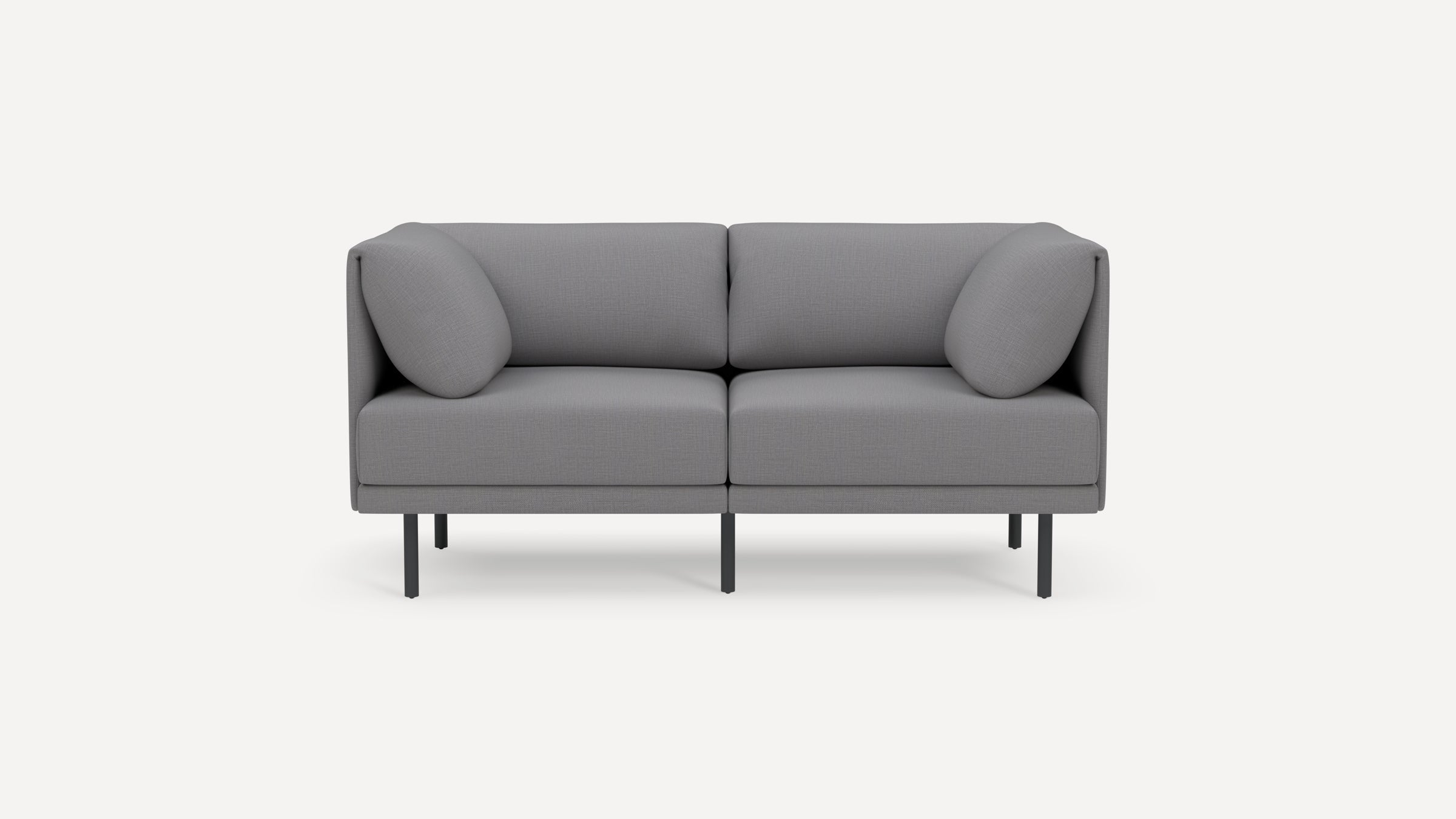 Modern gray two-seater sofa with clean lines, two cylindrical armrest cushions, and slim black metal legs.