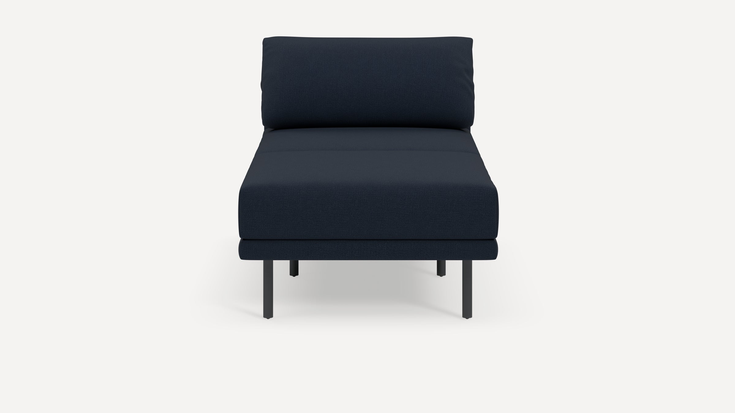 Modern armless navy blue upholstered lounge chair with clean lines and slender black metal legs on white background.